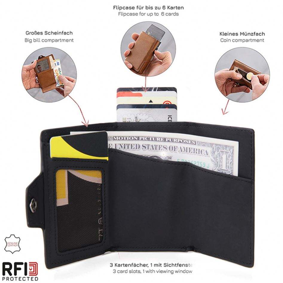 หนังผู้ถืออลูมิเนียมผู้ถือบัตรกระเป๋าสตางค์ Rfid ปลอมแปลงพร้อมกระเป๋าเงินเหรียญซิป กระเป๋าสตางค์ Rfid ที่กำหนดเอง